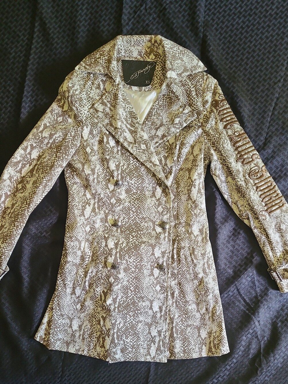 Ed Hardy Women's Snake-Print Double Breasted Trench Coat - White/Brown